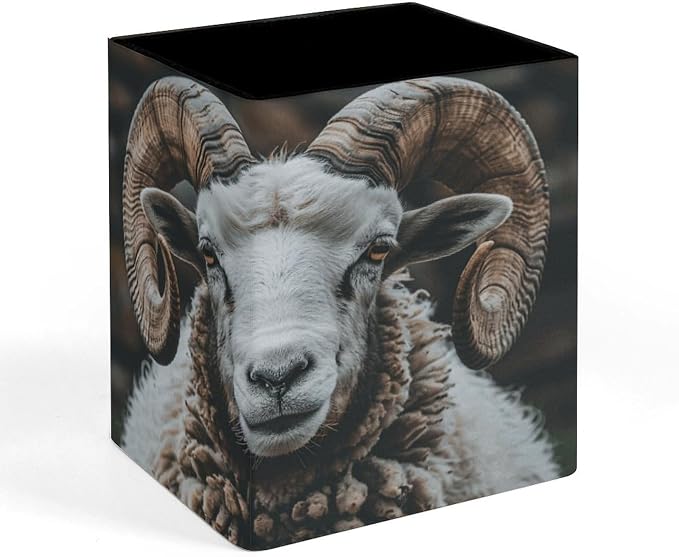 PU Leather Pencil Holder Longhorn Ram Pen Holder for Office Desk Accessories & Workspace Organizer Square Pencil Cup with Non-slip Bottom for Home Bathroom Conference Room