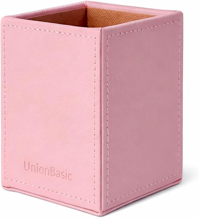 UnionBasic Square Pen Holder, Leather Pencil Cup, Desktop Caddy Stationery Organizer, Taiga Pattern Leather, Pink