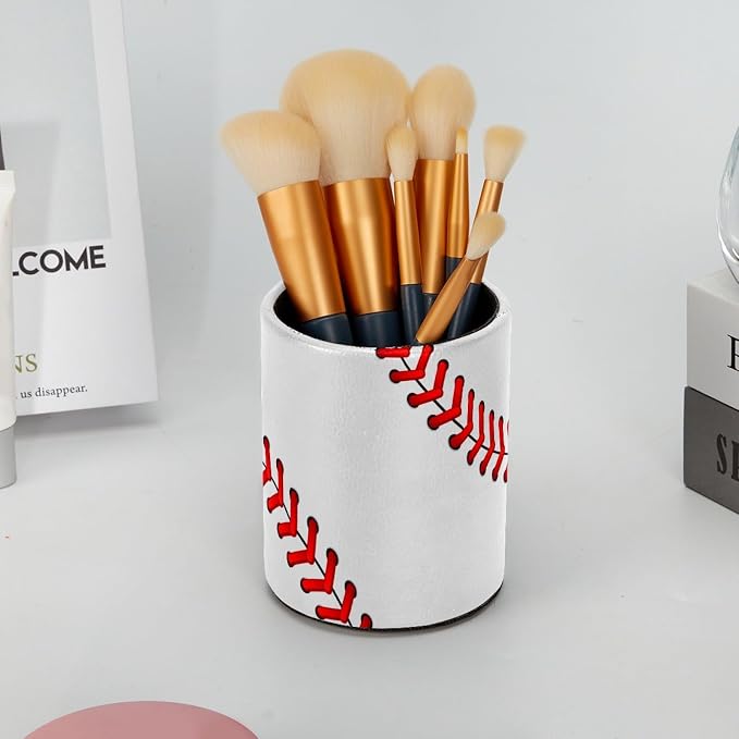 Pen Pencil Holder for Desk, Baseball Laces Makeup Brush Holders Leather Pen Organizer Desktop Supplies and Accessories, Pencil Caddy for Office Home Art Supply
