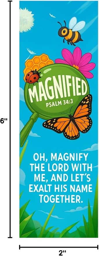 VBS Magnify the Lord, Magnified Theme Bookmarks, Psalm 34:3, 100 Pack, 6 x 2 inches, Glossy Cardstock, Church and Sunday School Supplies