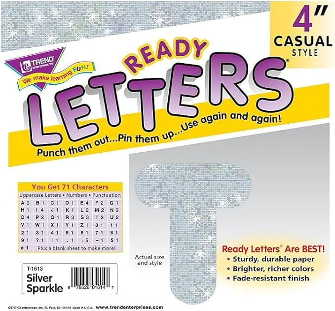 TREND ENTERPRISES Silver Sparkle 4" Casual UC Ready Letters, T-1613