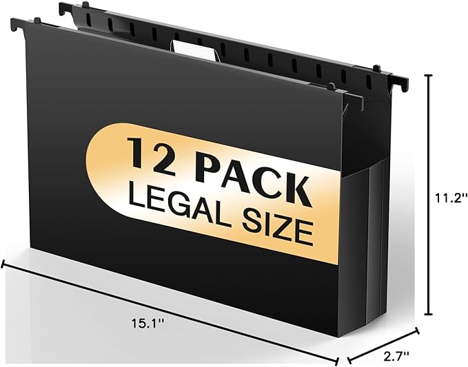 SHUTEX Extra Capacity Legal Size Hanging File Folders,12 Pack Reinforced Plastic Hanging Folder, Heavy Duty 2 Inch Expansion, Filing Cabinet Folders for Bulky Files, Medical Charts, Black