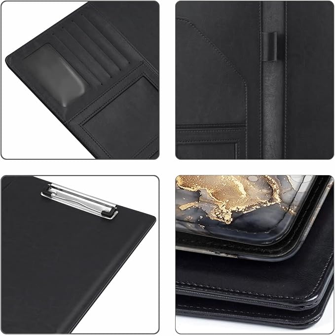 WAVEYU Padfolio Business/Resume Portfolio Folder, Marble Leather Interview Organizer with Legal Pad Folder Clipboard for Men/Women, Black+Gold