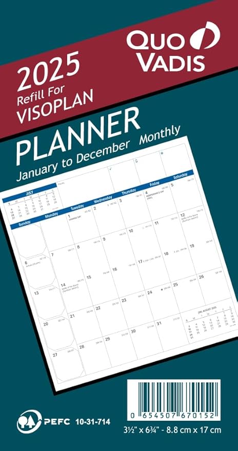 Quo Vadis 2025 Refill For Visoplan Monthly Planner - Pocket Calendar Organizer