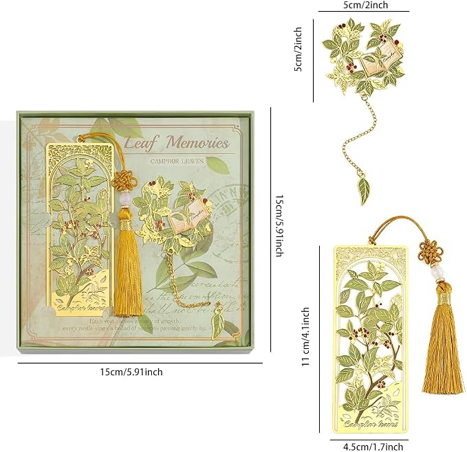 icceemee 2PCS Camphor Leaf Theme Bookmark, Cute Bookmark for Women with Hollow-Out Square & Irregular Design, Natural Tassel Book Marks Set in Gift Box, for Book Lovers