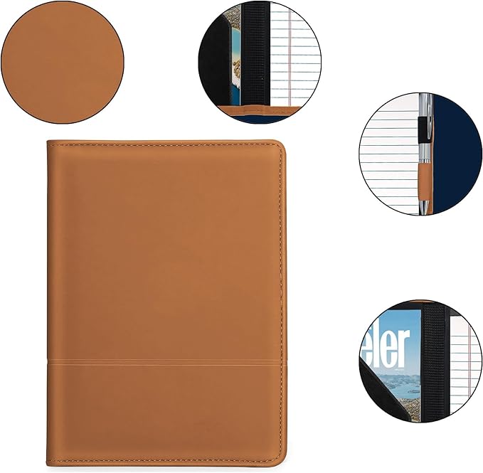A5 Padfolio Business Portfolio Folder,Junior Size Document Folder Organizer, Padfolio with Interior Pocket and Pen Loop, 5 x 8 Writing Pad Included,Brown.