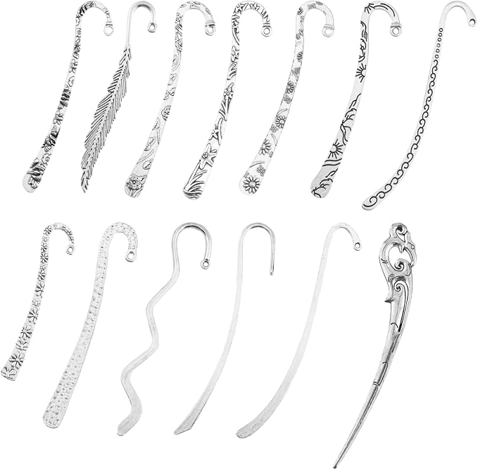 13pcs/Set Metal Bookmark for Women Men, Hairpin Hook Antique Tibetan Silver Carved Hook Bookmarks with Loop, Unique Charm Book Marker for Book Lovers Unique Gift