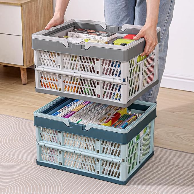 Domiella 2-Pack Foldable Storage Baskets, Collapsible PP Crates with Handles - 20L Capacity, Strong and Portable for Home Organization, Picnic and Shopping, Grey
