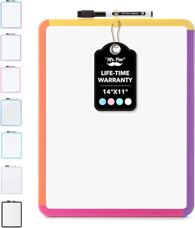 Mr. Pen- Dry Erase Board, 14” x 11” with a Black Dry Erase Marker, Colorful Frame, Small Mini White Board for Students, Fridge, Wall, Locker, Includes Double Sided Tapes