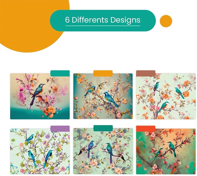 12pcs Decorative File Folders Letter Size, Bird Design Folders, Cute Office Folders with Floral Branches, 1/3 Cut Tab, Waterproof Archival File Folders Colored Decorative File folders