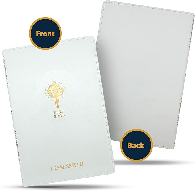 Custom NRSV Catholic Edition Faux Leather Holy Bible with Sacraments of Initiation | Medium Text | Engraved in Washed Gold | Personalized Catholic Bible in White