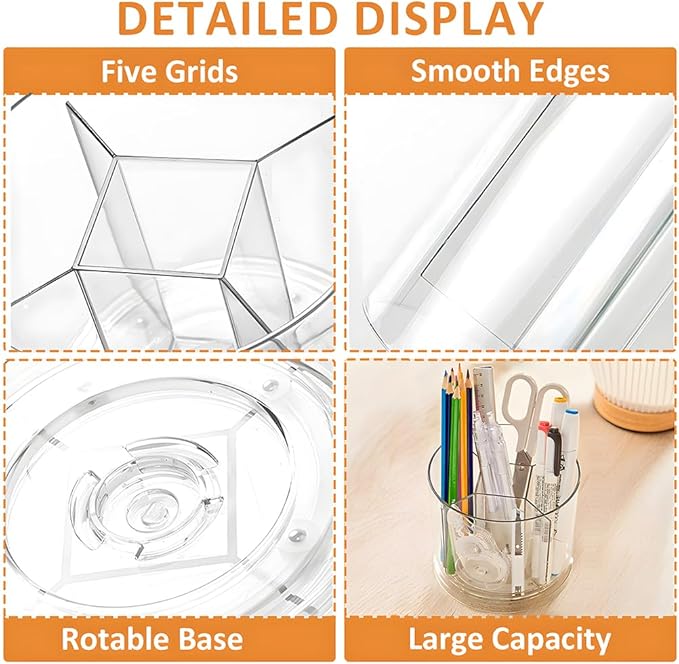 360 Degree Rotating Desk Organizer, Dual-Purpose Pencil Pen Holder, Rotating Desk Pen Organizer with 5 Compartments, Marker Caddy Pencil Cup for Office, Home, School (Clear)