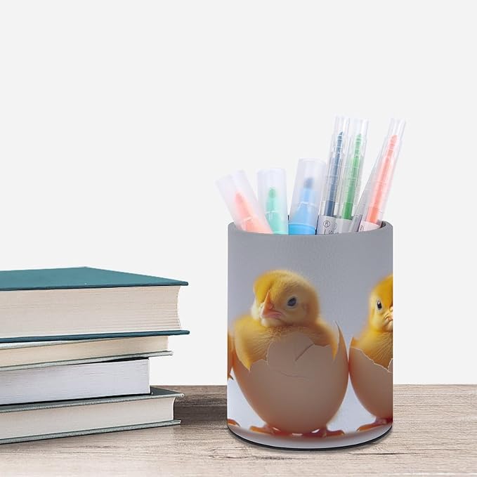 Lots of Chicks in Eggshells Pencil Holder Round Pen Cup Funny Animal PU Leather Marker Holder Makeup Brush Holders Desk Accessories Workspace Organizers for Home School Office