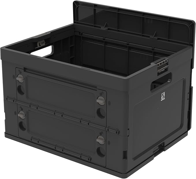Wellmax Collapsible Crate with Lid - 44lbs Stackable Foldable Crate for Groceries, Office & Car Trunk Organizing - Black