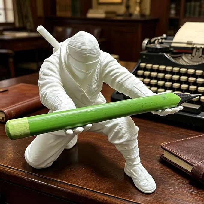 Ninja Pen Holder for Desk, Black Ninja Decor Pen Stand Pencil Holder Desk Accessories for Office Home Classroom (White Ninja)