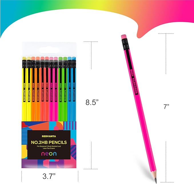 Pre-Sharpened Pencils #2 HB for Kids, Neon School Number 2 Pencils with Latex-Free Erasers, Smooth Writing, Break-Resistant, Easy to Sharpen, Comfort Grip, Back to School Supplies, 12 Count
