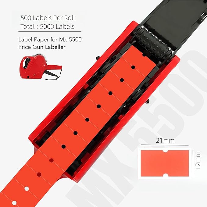 MX-5500 Price Labels, Adhesive Sticker Marker Label, 10 Rolls Sticky Paper Labels for Price and Date Guns,1 Line 5000 Labels, 1 Ink Roll Included, Red