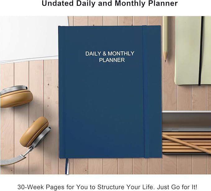 Daily & Monthly Planner for 2026 or Anytime - ADHD Planner Two Pages Per Day, Daily Planner Undated to Increase Focus, Eliminate Overwhelm, Achieve Your Biggest Goals, 8.5'' × 11'', Blue