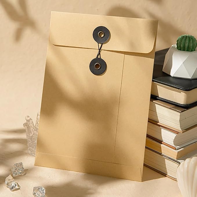 10 Pcs Vintage Kraft Paper File Folder Thickened A5 Filing Envelope Project Photo Pockets Reusable Document Wallet Bag with String Tie Closure for Office Home