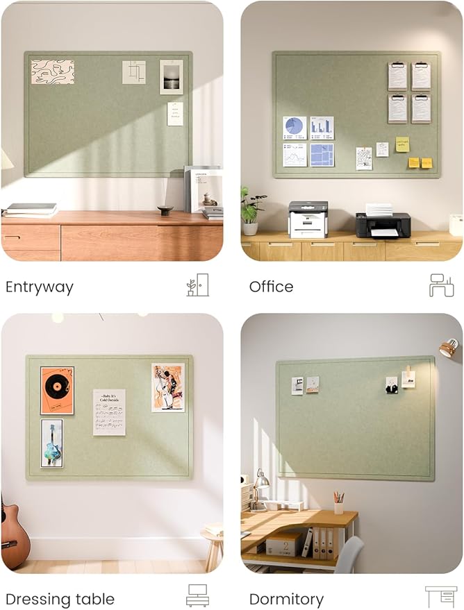 Fluxynara Bulletin Board,47.2" × 35.4" Cork Board Alternative with 24 Safe Removable Adhesive Tabs, Foldable Felt Pin Board for Home Office, Classroom, Bedroom,Entryway for Walls—Sage