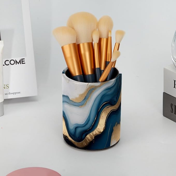Blue Gold Marble Pen Holder Pencil Organizer Cute Pencil Cup Desk Decor Makeup Brush Holder PU Multifunctional Office Supplies for Home Classroom School