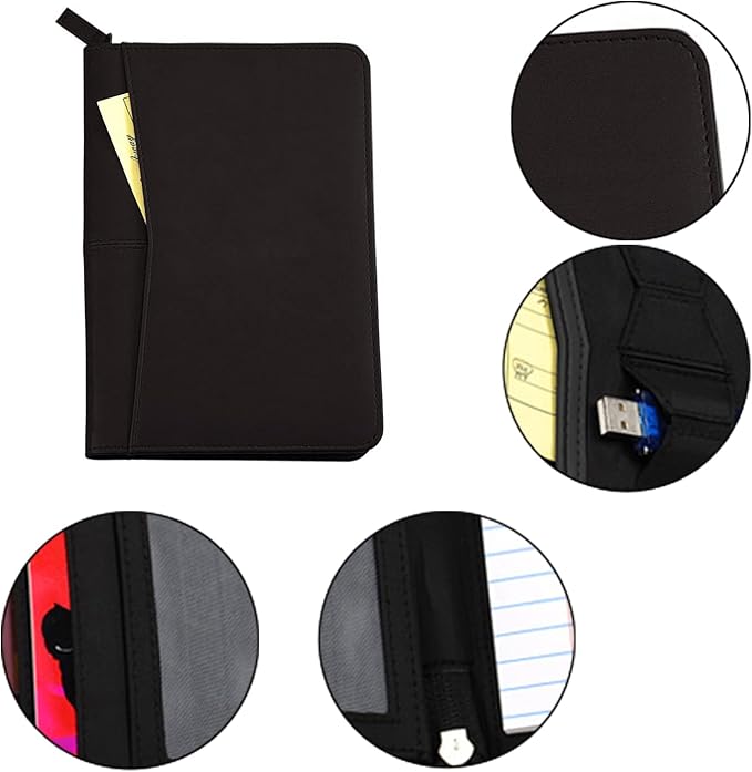 Lcjtop Junior Business Padfolio - A5 PU Leather Portfolio Binder & Zippered Binder Folder with 5 x 8 Writing Pad and Interior Storage Pocket Executive Business Organizer for Men Women,Black