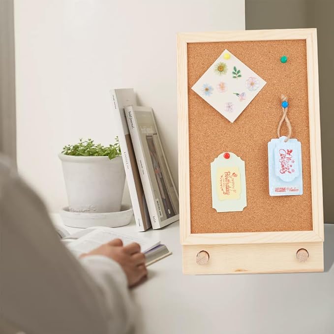 OLYCRAFT Desktop Cork Board with Hemp Rope 2Pcs Wood Sticks 2Pcs Screw Pins and 6Pcs Thumbtacks Cork Bulletin Board Message Picture Board for Home Office Decor DIY Crafts-13.5x7.9x1.2 Inch