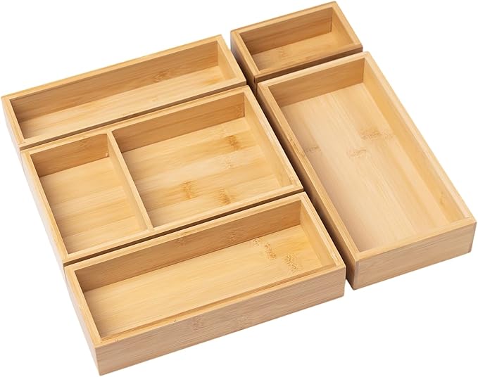 Bamboo Drawer Organizer Set, 5 Piece Modular Wooden Storage Trays for Kitchen, Bathroom, Vanity Office Desk Decluttering Solution for Makeup, Jewelry Office Supplies