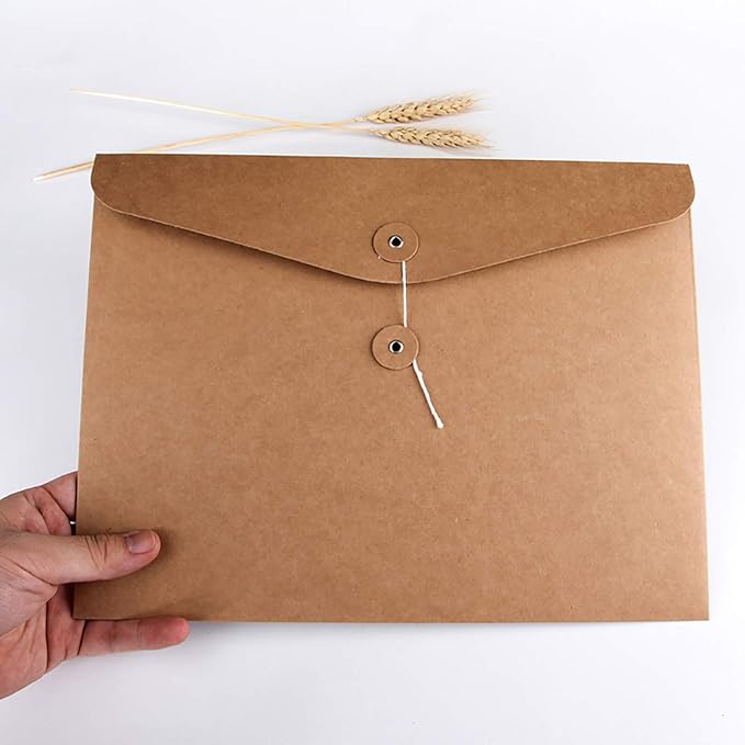 VANRA Kraft String Envelope File Folder Project Pockets File Jacket Document Organizer Flat-No Expansion A4 Letter Size (Kraft Brown, Pack of 5)