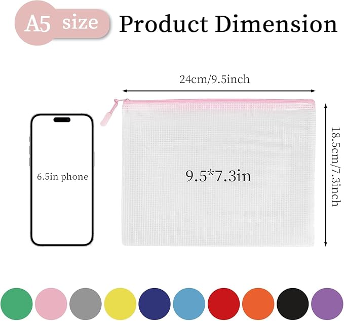Multibey 10 Pack 10 Colors Mesh Zipper Pouch Bags, A5-9.5 x 7.3 Inch Waterproof Mesh Stoage Pouch for Organizer, Plastic Zip Bags Small Mesh Pouch for School Office Home Travel Storage