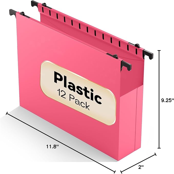 Plastic Hanging File Folders Expanding,12 Pack Extra Capacity Hanging File Folder Letter Size,2 Inch Expansion Heavy Duty Folders,Adjustable Tabs,Pink Hanging Folders Designed for Bulky Files