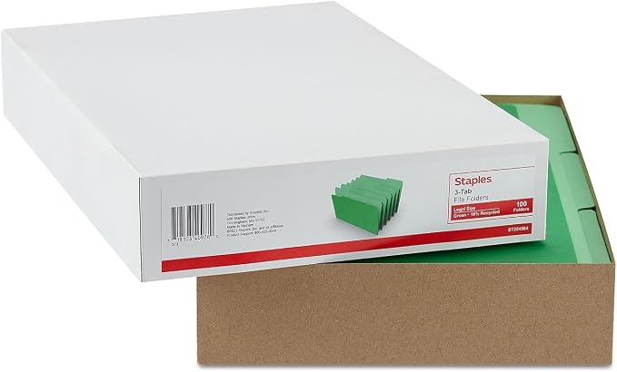 Staples File Folders, Legal Size, 1/3‑Cut Tabs, Green, Durable Paper Stock, 200/Carton
