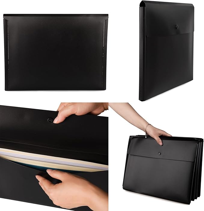 VANRA Expanding Poly File Jacket Filing Envelope File Folder Pockets Document Holder Organizer A4 Letter Size with Snap Button (Black, Pack of 5)