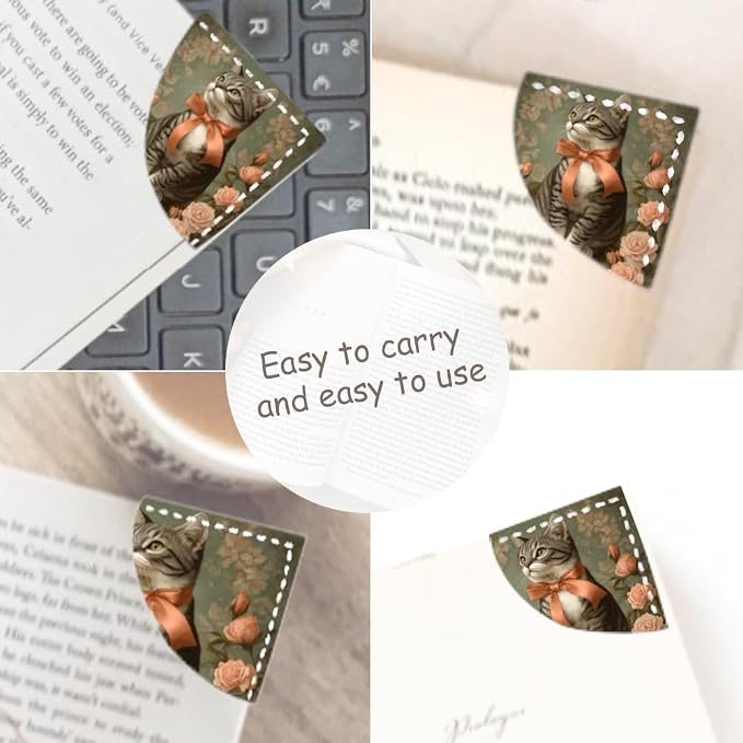 2PCS PU Leather Bookmarks 3.5x3.5 Inch Cat Rose Bow Design | PU leather bookmarks with cat rose bow design for novels, daily journals, reading notes, students, women readers and cat fans