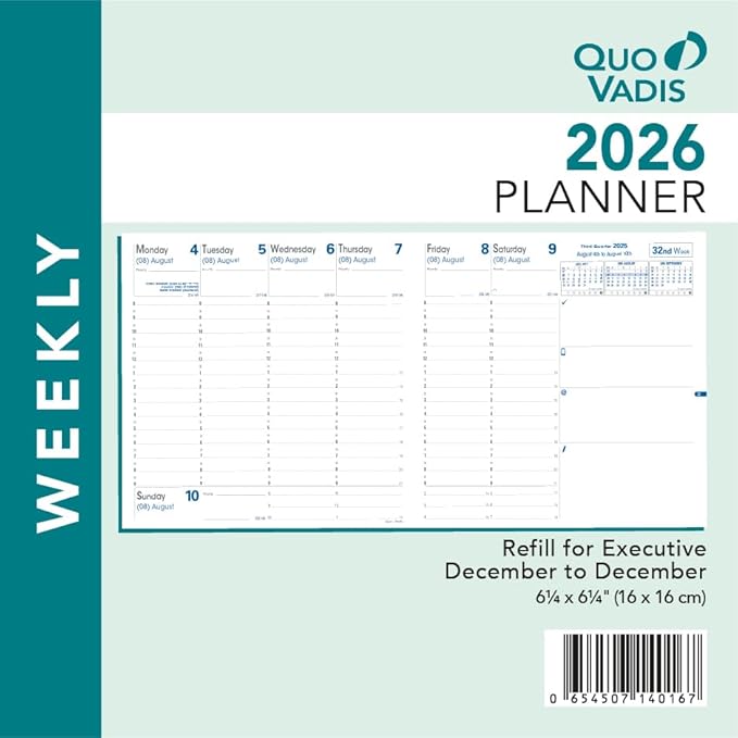 Quo Vadis 2026 Refill for Executive - Weekly Planner - 13 Months, Dec. to Dec. - 6 1/4 x 6 1/4" - Time Management Appointment Organizer