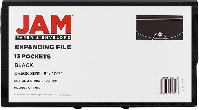 JAM PAPER Accordion Folders - 13 Pocket Plastic Expanding File - Check Size - 5 x 10 1/2 - Black - 2/Pack