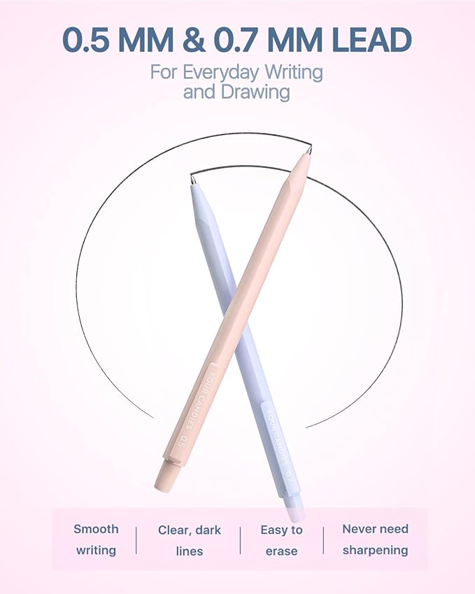 Four Candies 12PCS Cute Mechanical Pencil Set with 741 Leads & Erasers, 0.5 mm & 0.7mm, Pencils Mechanical with 720PCS (HB & 2B) Lead Refills & 21PCS Erasers & Storage Case for Writing & Drawing