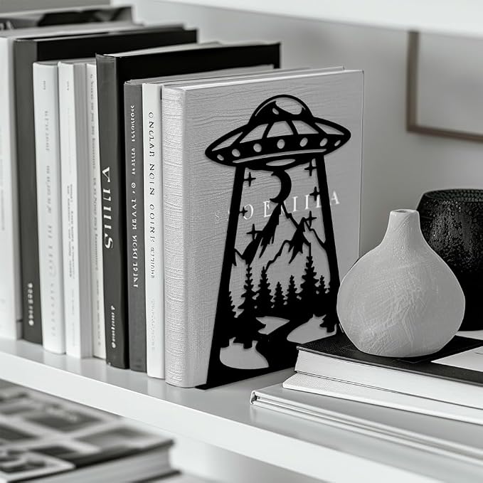 Peacoblue Metal Bookends for Shelves, Modern Decorative Heavy Duty Study Book Support Stoppers for Office, Desk, Shelf, Room 5.3"x4.3"x7.9" Cast Iron Simple Tall Bookends, 1 Pair (UFO)