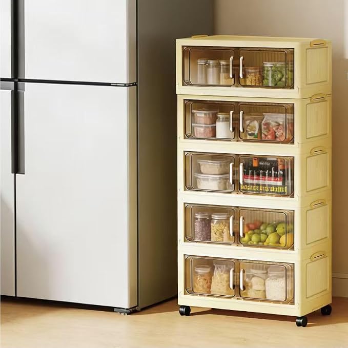 5 Tier Stackable Plastic Storage Bins with Lids Stackable Containers with Wheels and Magnetic Doors Wheels StackableStorage Bins for Living Room,Office,Dorm