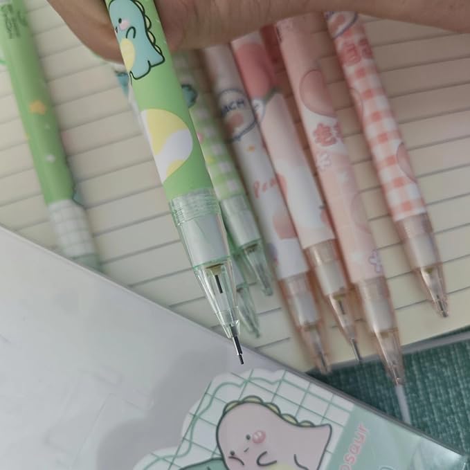4PCS Cute Cartoon Dinosaur Mechanical Pencils Set with Tubes 0.5 mm Pencil Refills Back to School Gift for Teens Student (Green)