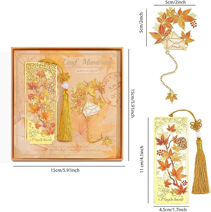 icceemee 2PCS Maple Leaf Theme Bookmark, Cute Bookmark for Women with Hollow-Out Square & Irregular Design, Natural Tassel Book Marks Set in Gift Box, for Book Lovers