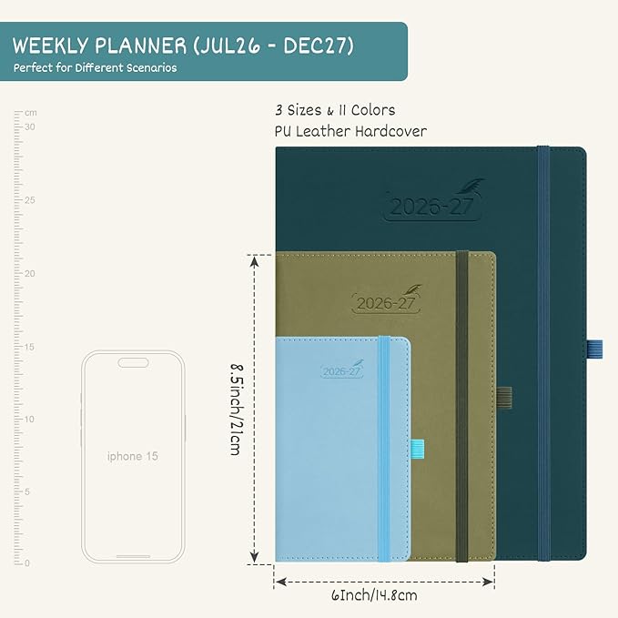 BEZEND Weekly Planner 2026-2027 (6" x 8.5") with Hourly Timeslots (Jul 26-Dec 27) 18 Months Academic Calendar & Monthly Tabs, Ideal for Students, Work & Home, PU Leather Hardcover -Lavender