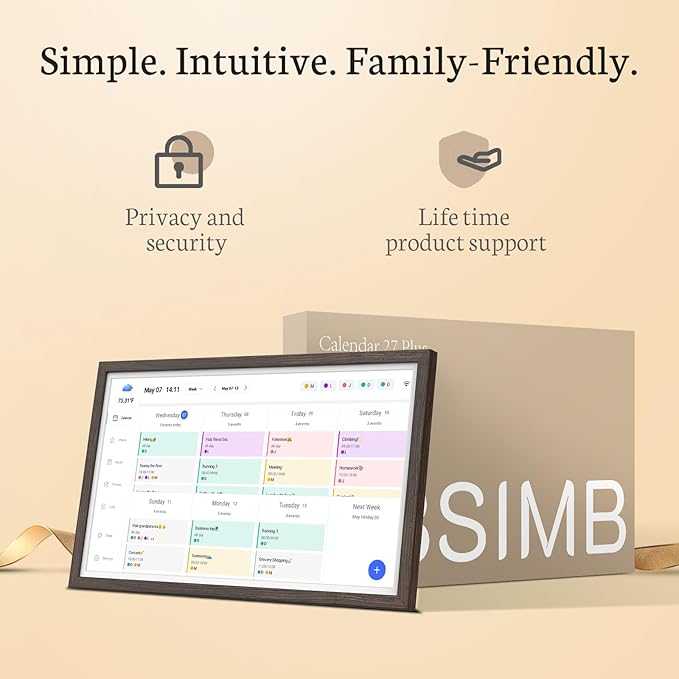 BSIMB 27 Inch Digital Calendar Wall Touch Screen - Chore Chart, Meal Planner, Rewards System, Photo Display, Smart Electronic Calendar Interactive Hearth Display for Family Planner Seamless Scheduling Dark Wood
