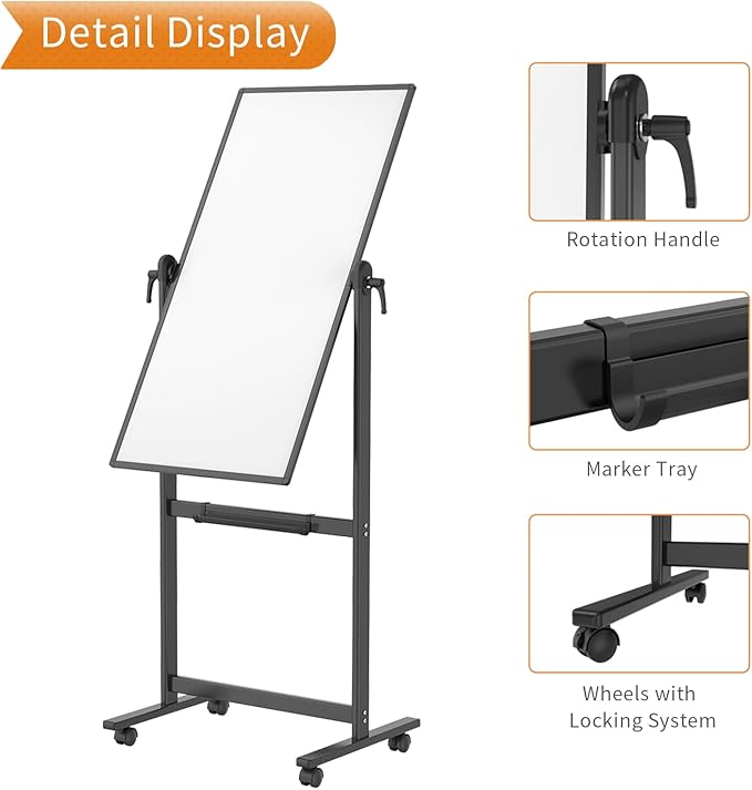VIZ-PRO Double-Sided Magnetic Mobile Whiteboard, 48 x 24 Inches, Black Aluminium Frame and Stand