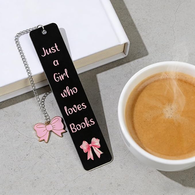 Pink Bowknot Stainless Steel Bookmark - Printed with Cute Bowknot Patterns & Equipped with Heart Pendants, Ideal for Female Readers, Perfect Birthday Gift for Girlfriends (Double-Sided B)