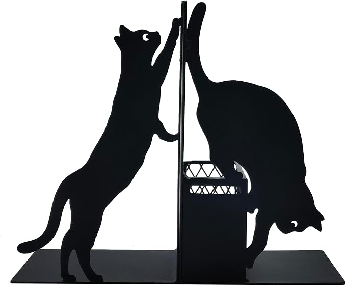Cat Book Ends for Shelves, Metal Decorative Book Ends with Pen Holder, Fun Unique Bookends, Cool Black Cat Bookends for Home Office Desk Bookshelf Decor, Gift for Cat Lovers and Reading Enthusiasts