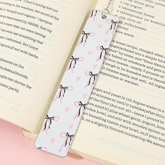 Pink Bowknot Stainless Steel Bookmark - Printed with Cute Bowknot Patterns & Equipped with Heart Pendants, Ideal for Female Readers, Perfect Birthday Gift for Girlfriends (Double-Sided A)