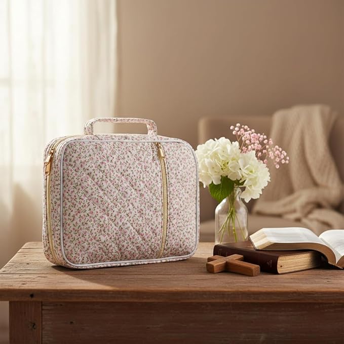Bible Cover Case for Women,Bible Tote Bag Large Quilted Bible Cover Study Supplies Accessories with Durable Handle Carrying Case Christian Gifts for Girls (Mini Pink Flower)