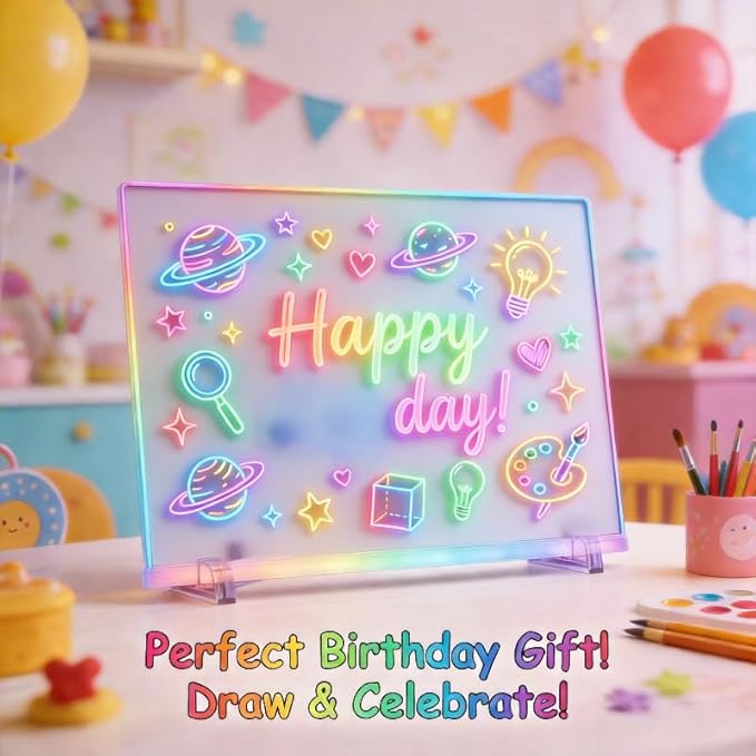 LED Light-Up Note Board with 7 Colors, 13"x10" Drawing Tablet for Kids, Includes Markers, Adapter, Cleaning Cloth & Hanging Chain, Reusable Dry Erase Message Board, Greeting Card,Gifts for Kids Age 3+