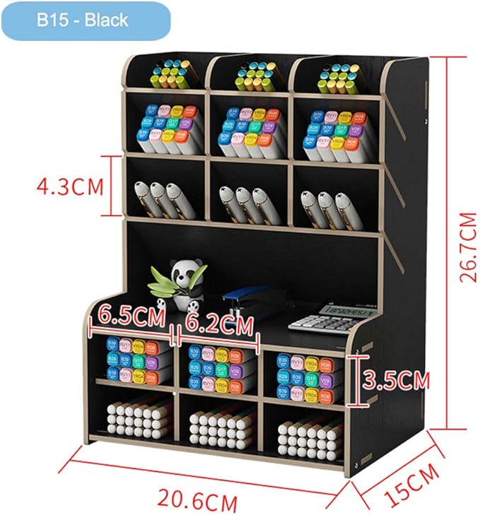 Hggzeg Wooden Desk Organizer, Large Capacity DIY Pen Holder Storage Box Desktop Stationary Storage Rack, Pen Organizer Caddies for Office, Home and School Supplies (B15-Black)